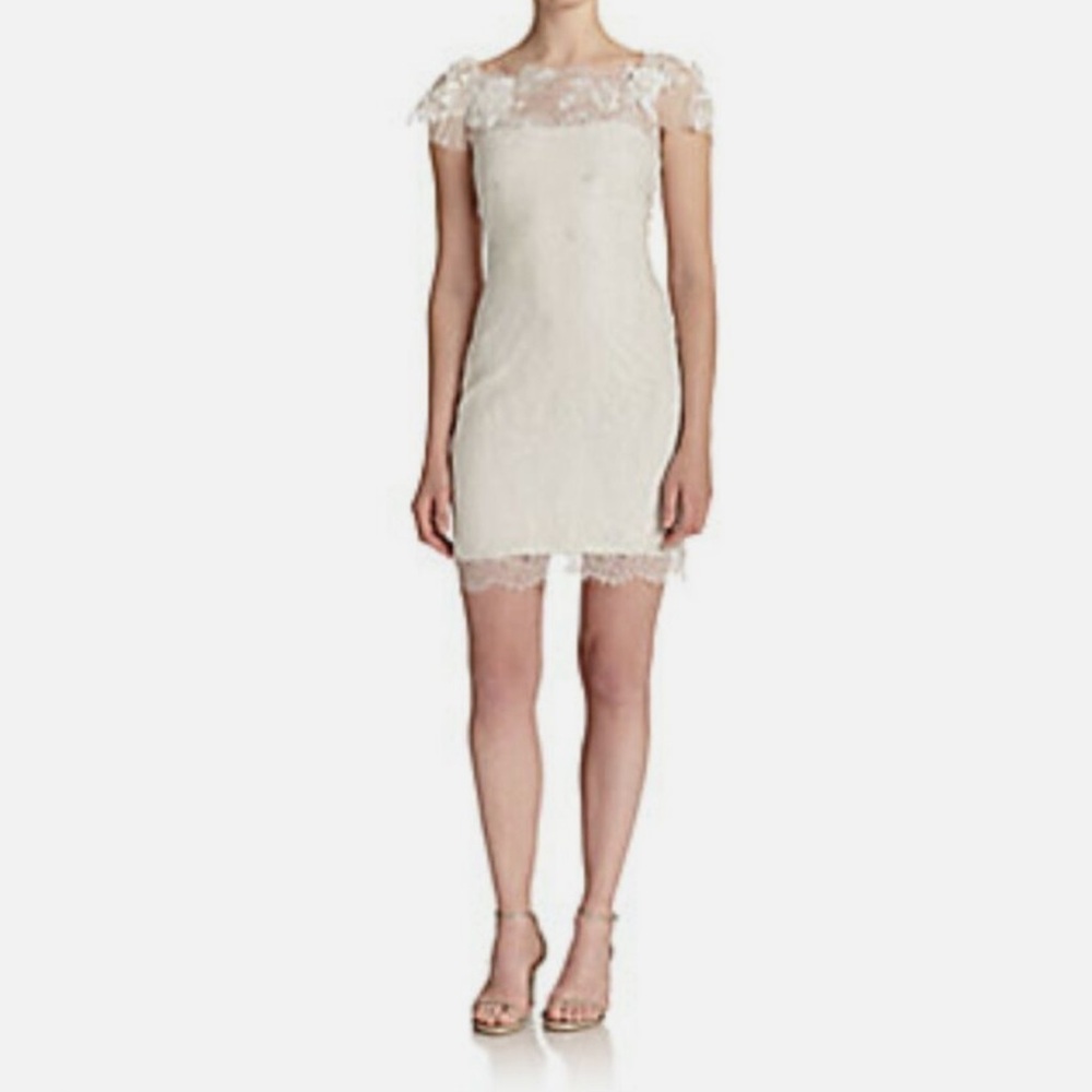 Marchesa Ivory notte Metallic lace cocktail dress